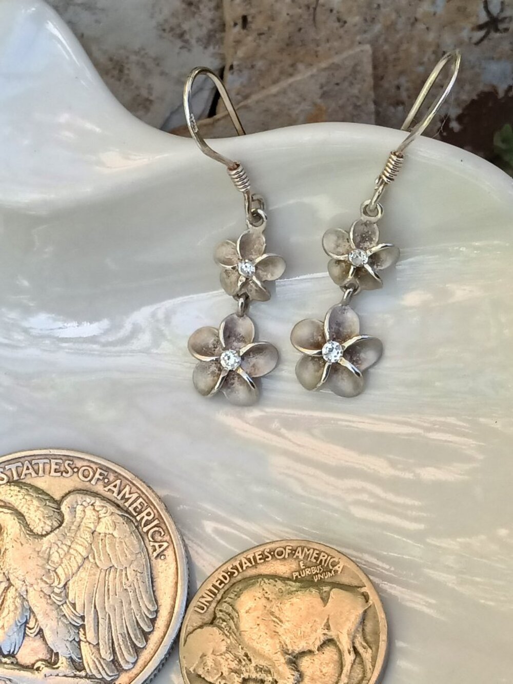 Vintage Sterling Plumeria Drop Earrings